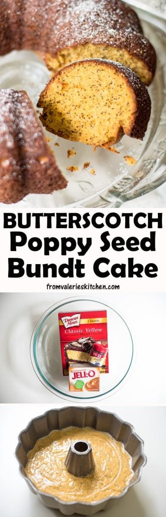 A three image vertical collage of Butterscotch Poppy Seed Bundt Cake with text overlay.