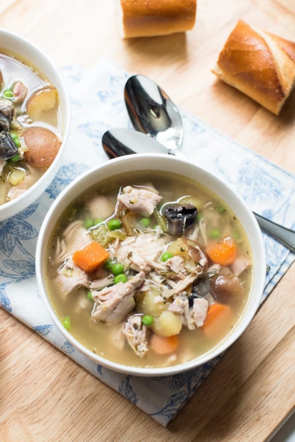 A bowl of Slow Cooker Chicken and Spring Vegetable Stew.