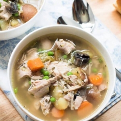 A bowl of chicken stew with vegetables.