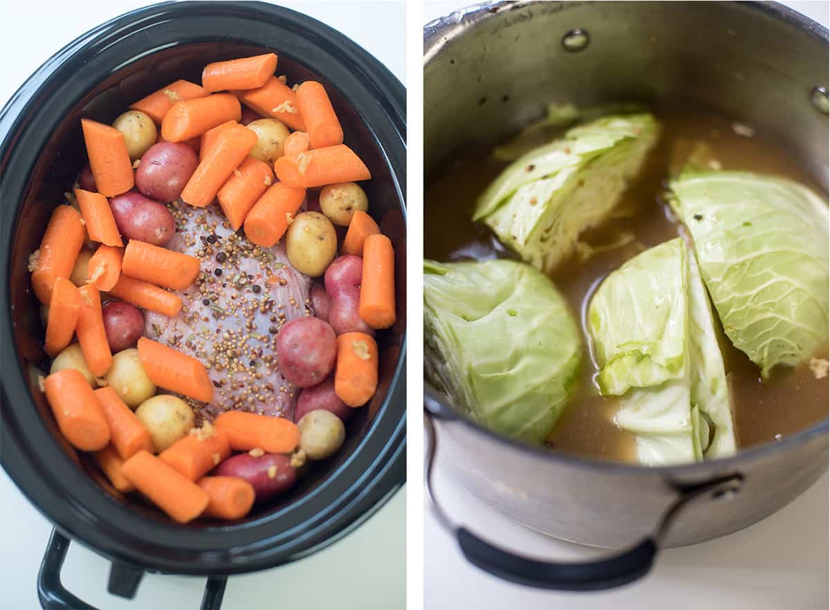 Two images of corned beef, potatoes and carrots in a slow cooker and corned beef and liquid in a pot.