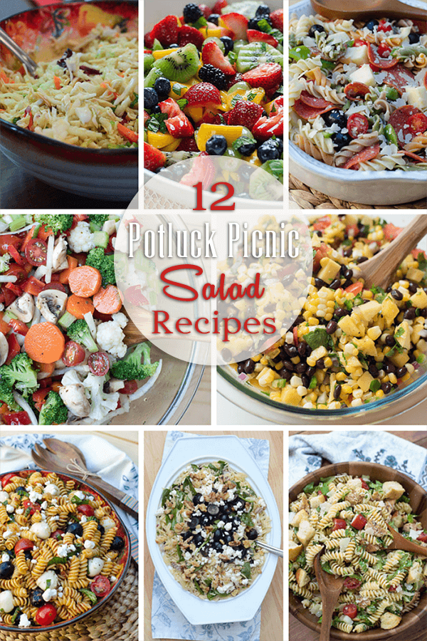 A collage of salad images with text overlay - 12 potluck picnic salad recipes.