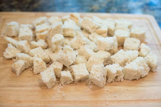 French bread cut into cubes.