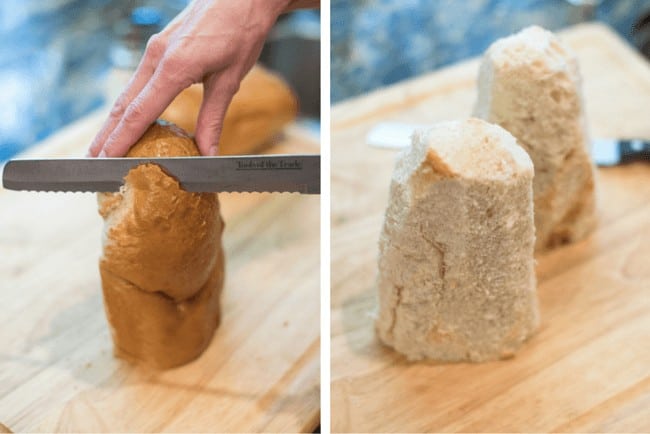 Two in process images showing the crust being sliced off of the loaf of French bread.