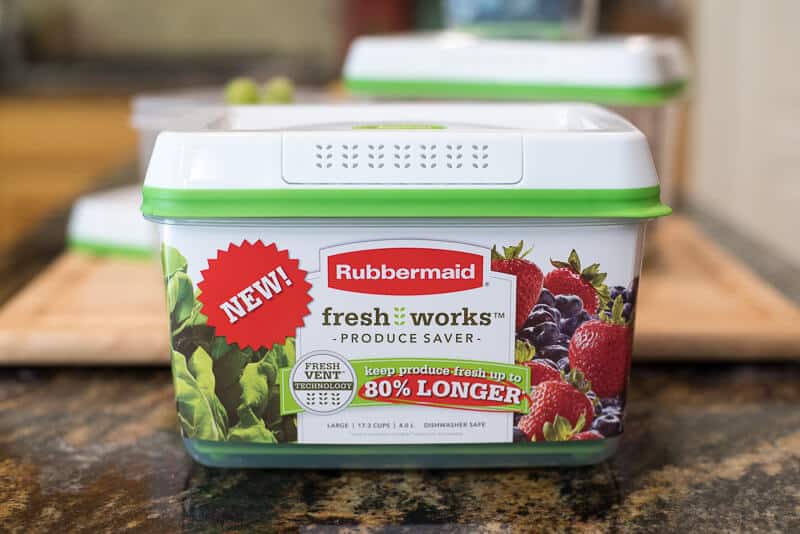 A Rubbermaid FreshWorks Produce Saver on a kitchen counter.