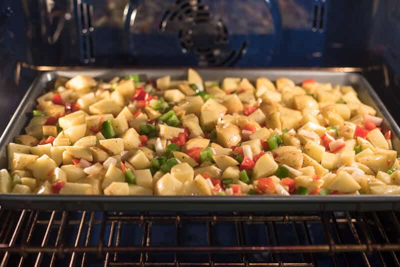 Oven Roasted Breakfast Potatoes in the oven.