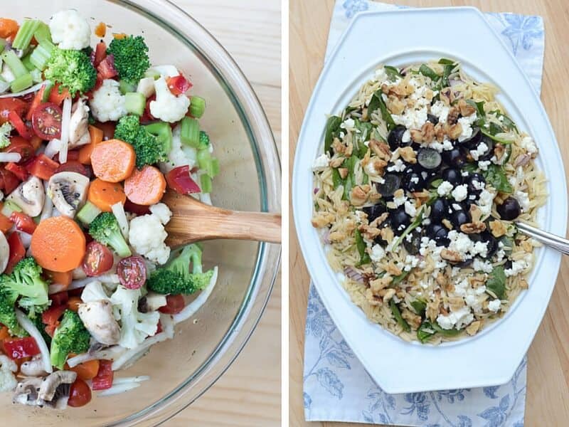 Marinated Vegetable Salad and Orzo Grape Feta Salad.