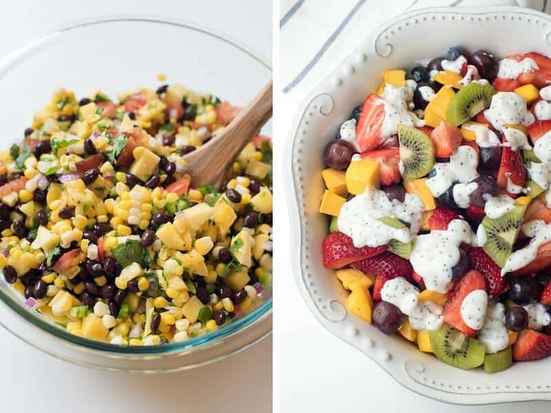 Mango Corn Salsa with Black Beans and Fruit Salad with Creamy Poppy Seed Dressing.