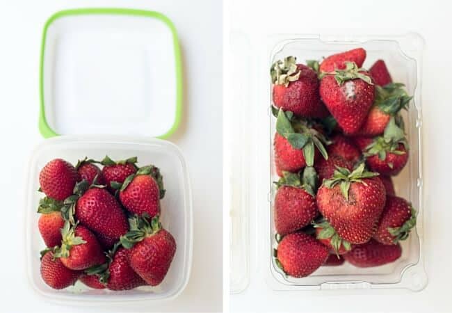 A side by side comparison of strawberries that were stored in store packaging and a Rubbermaid Freshworks Produce Saver.