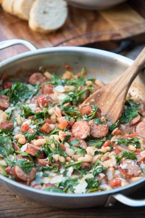 Skillet Sausage and White Beans with Spinach