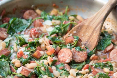 Skillet Sausage and White Beans with Spinach