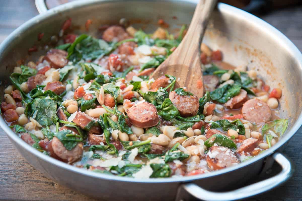 Skillet Sausage and White Beans with Spinach