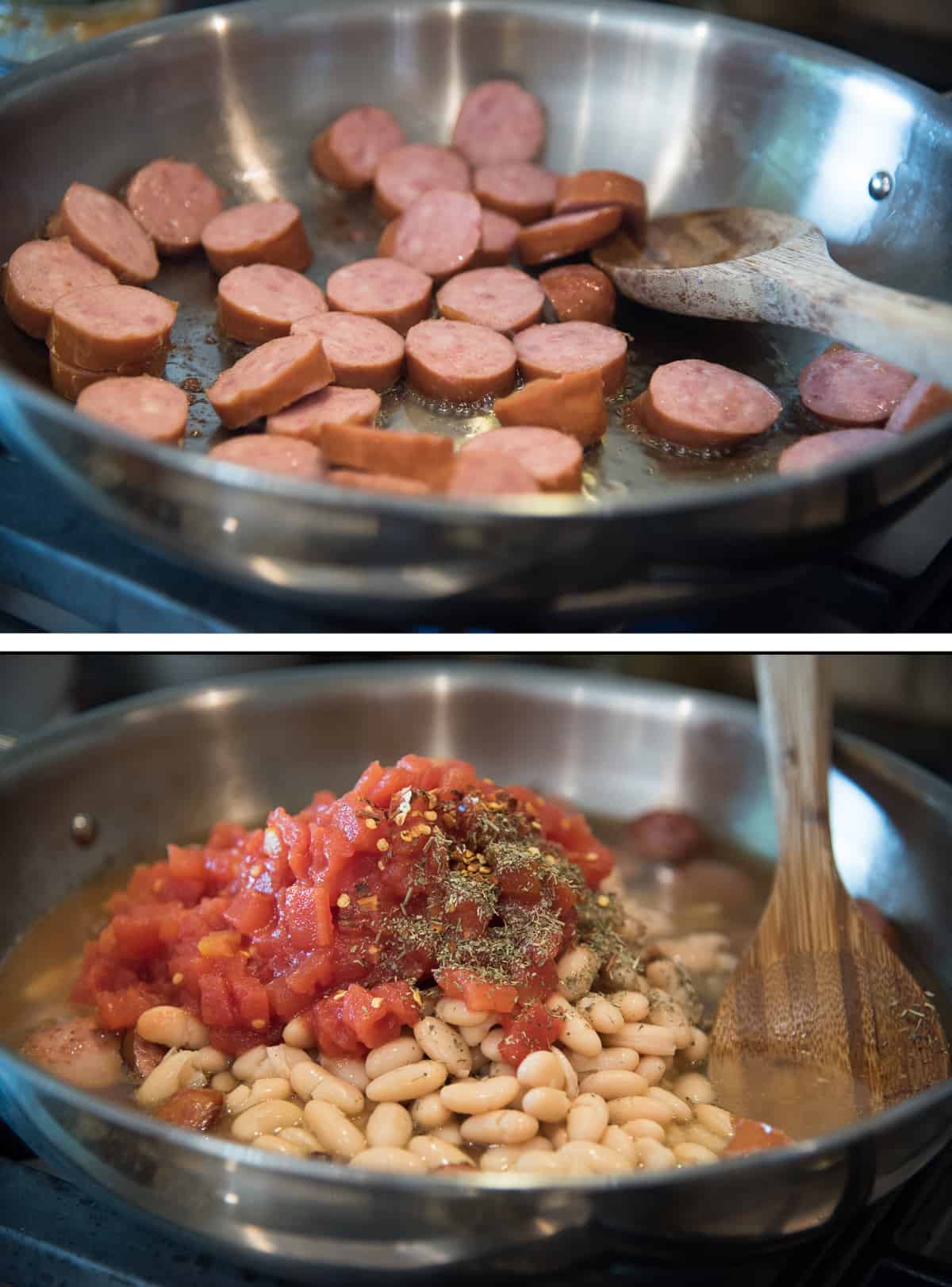 Two images of sausage browning in a skillet and diced tomatoes and white beans added.