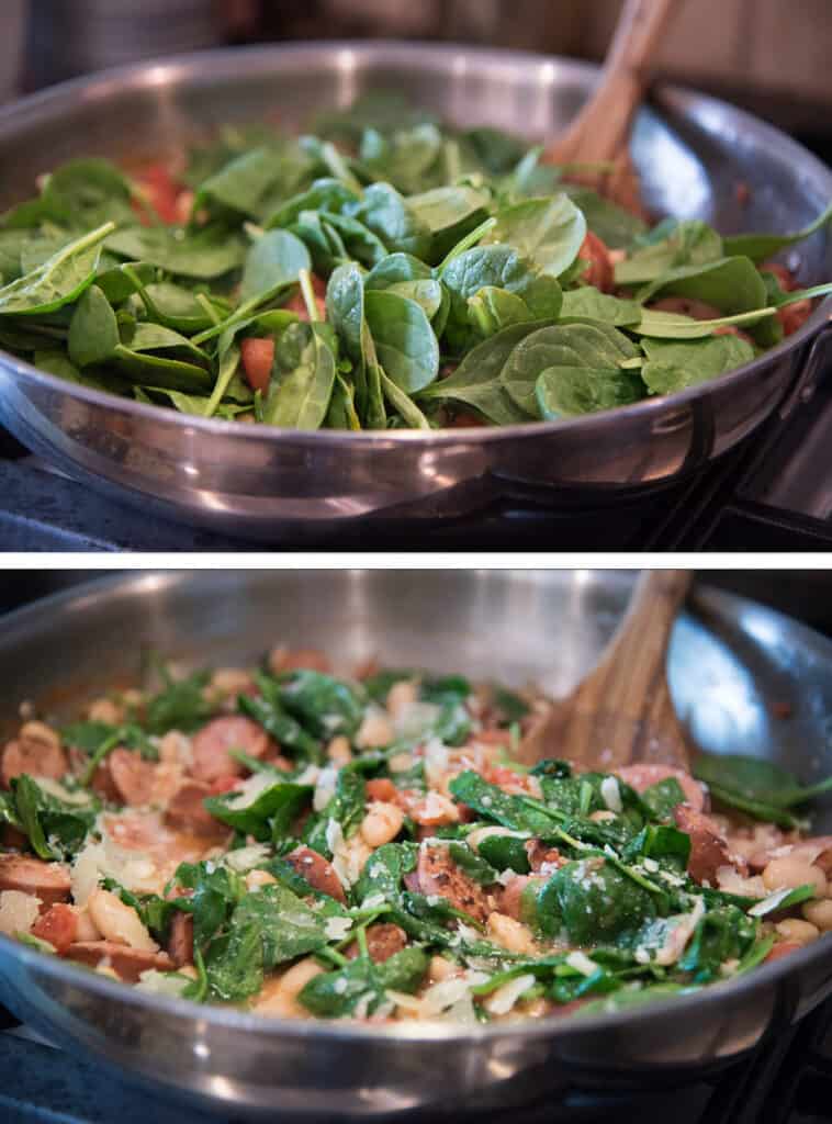 Skillet Sausage and White Beans with Spinach