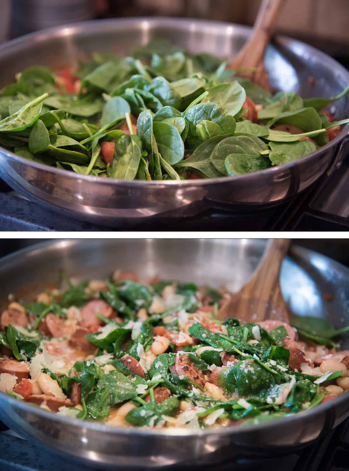 Two images of baby spinach piled on top of other ingredients in a skillet and a spoon stirring the mixture.
