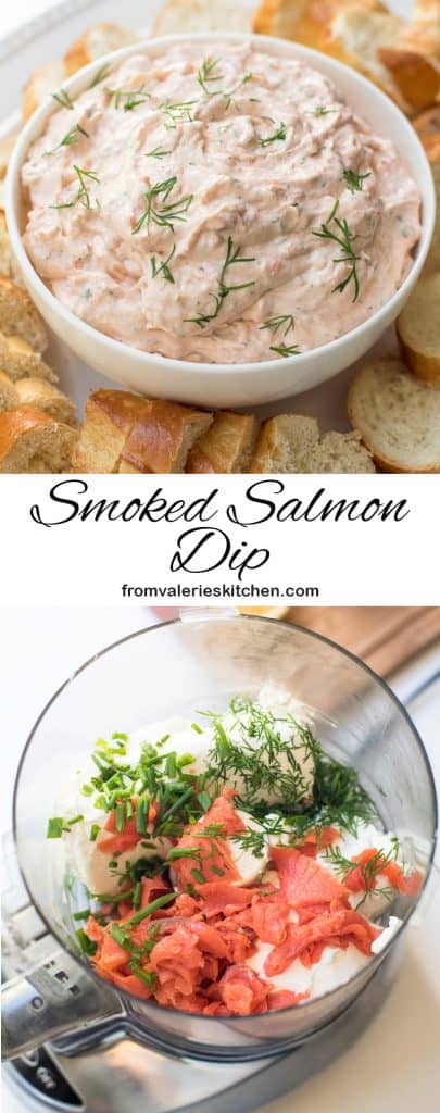 A two image vertical collage of Smoked Salmon Dip with text overlay.