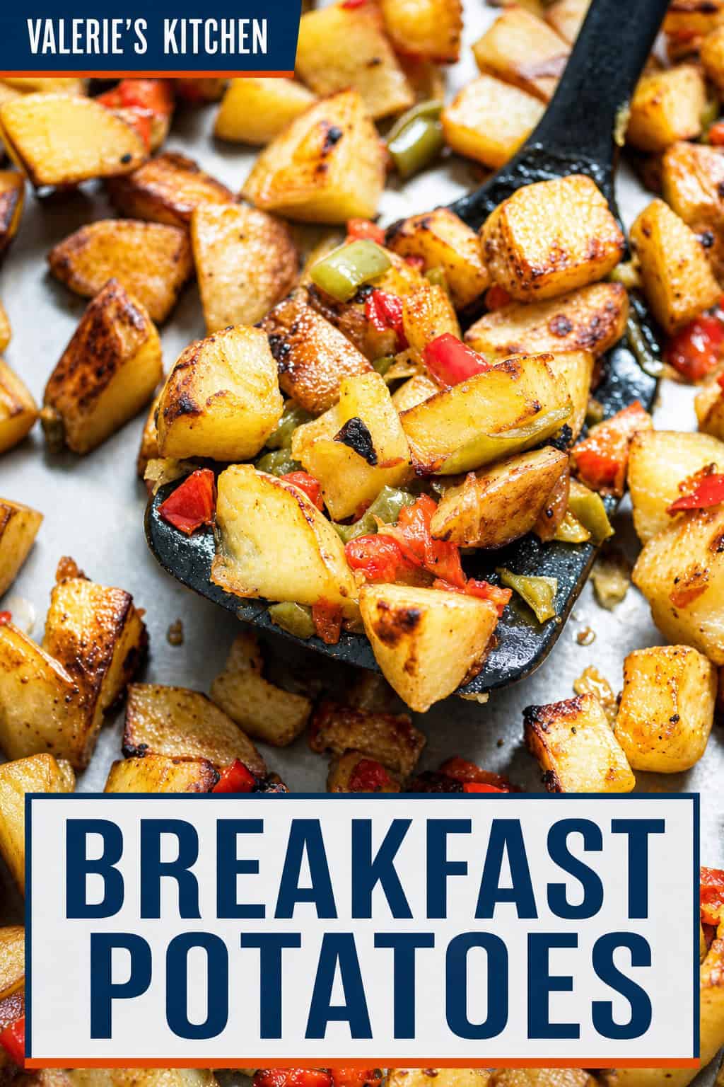 Breakfast potatoes on a sheet pan with bold text overlay.