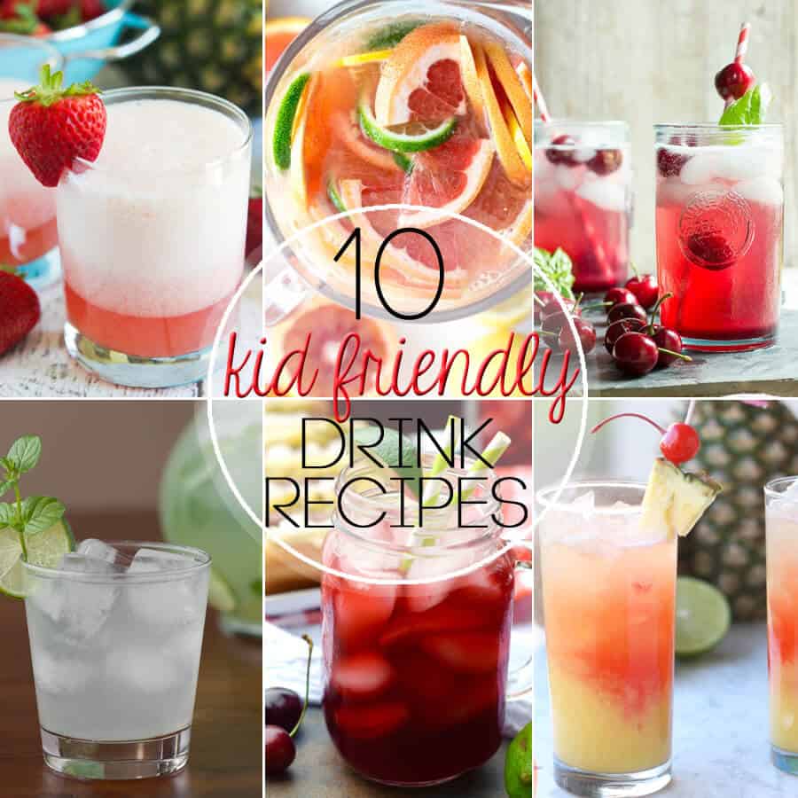 A collage of beverages with text overlay - 10 Kid Friendly Drink Recipes