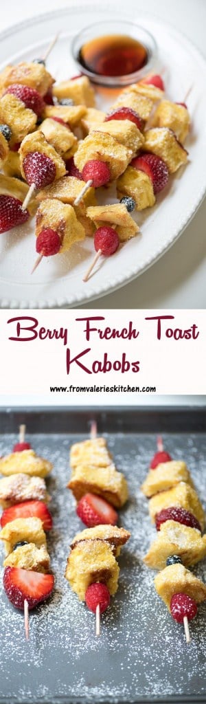 A two image vertical collage of Berry French Toast Kabobs with text overlay.