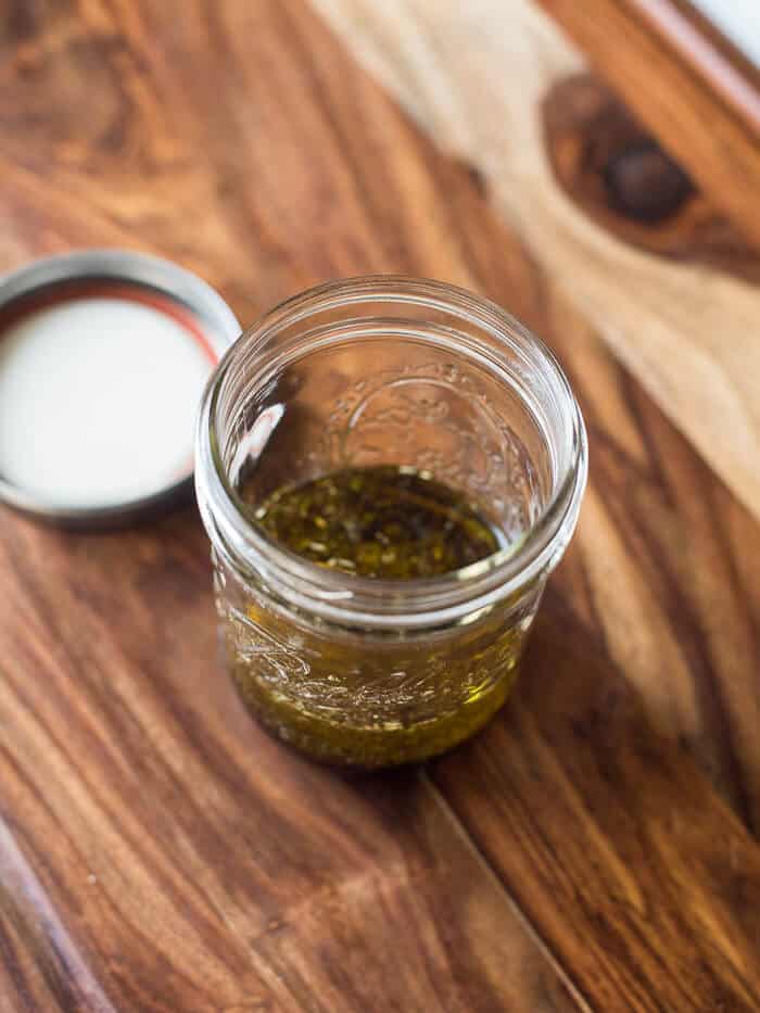 Salad dressing in a mason jar.