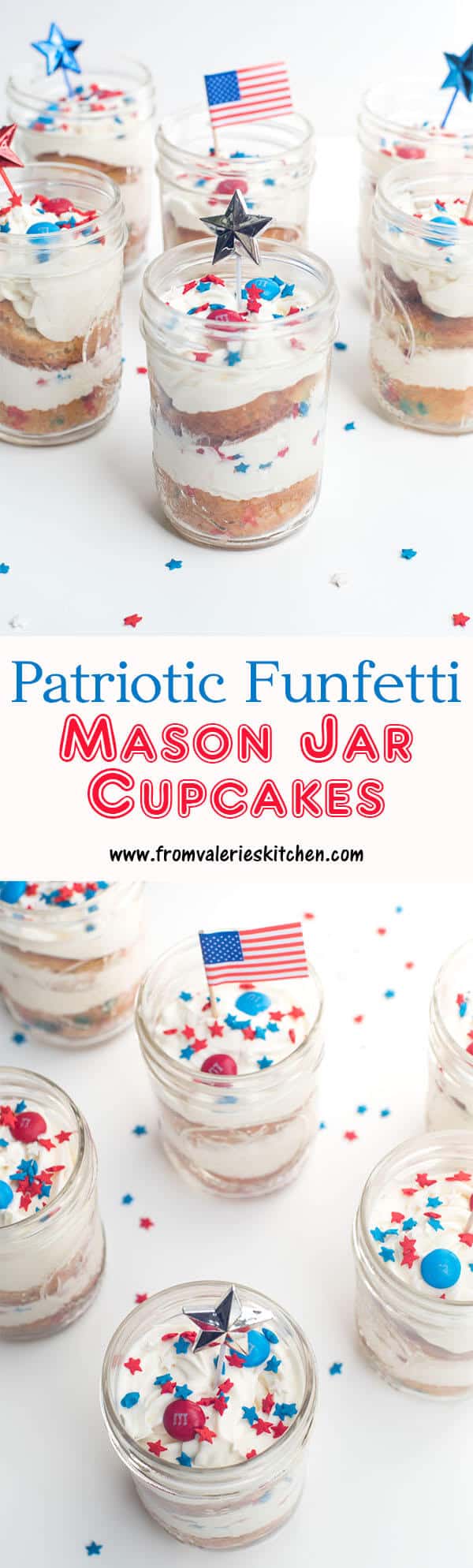 Mason jars filled with slices of cake and frosting and topped with flags and stars with text overlay.