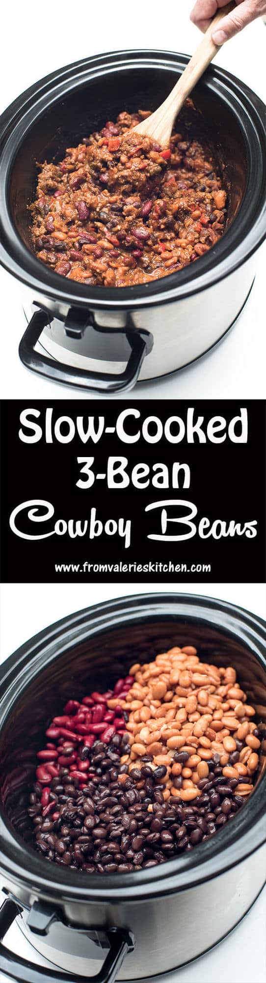 A two image vertical collage of Slow-Cooked 3-Bean Cowboy Beans with text overlay.