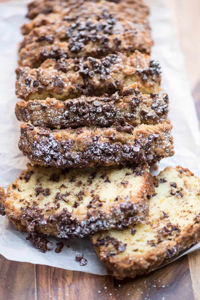 The Sour Cream Chocolate Chip Crumb Cake is sliced.