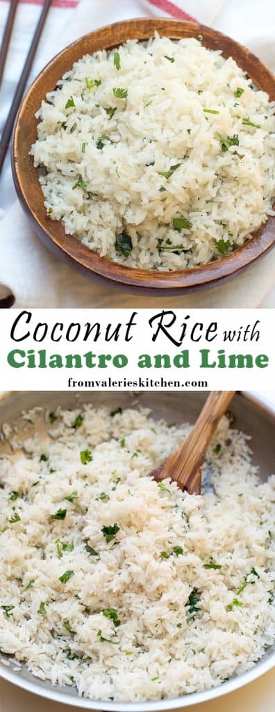 A two image vertical collage of Coconut Rice with Cilantro and Line with text overlay.