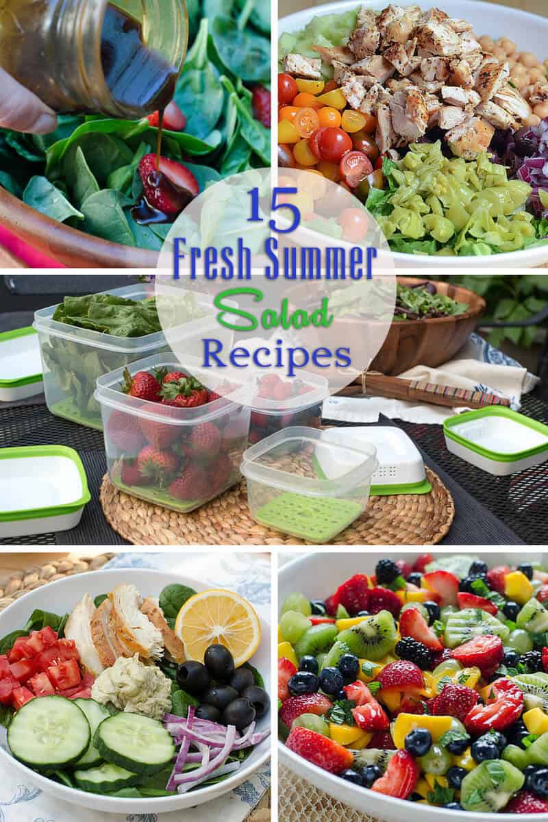 A collage of salad images with text overlay -15 Fresh Summer Salad Recipes.