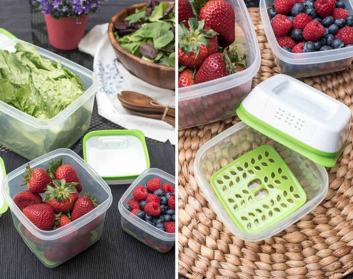 Rubbermaid containers filled with berries.