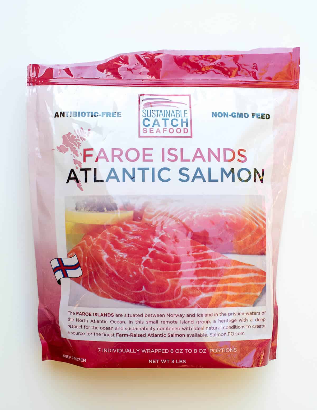 A bag of frozen Faroe Islands Atlantic Salmon from Costco.