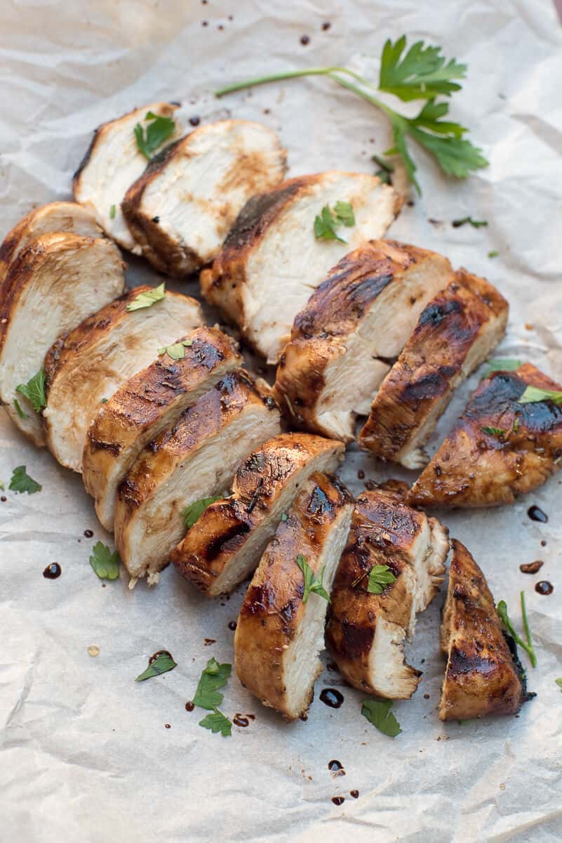 Slices of Balsamic Herb Grilled Chicken on parchment paper.