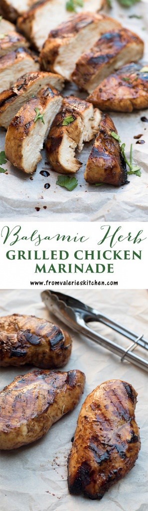 A two image vertical collage of Balsamic Herb Grilled Chicken with text overlay.