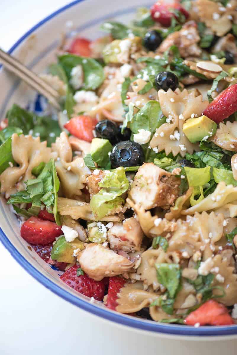 A close up of Chicken Berry Pasta Salad.