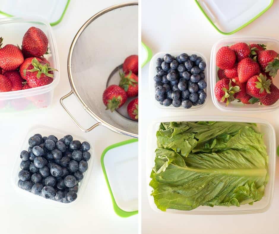 Two images of berries and romaine lettuce.