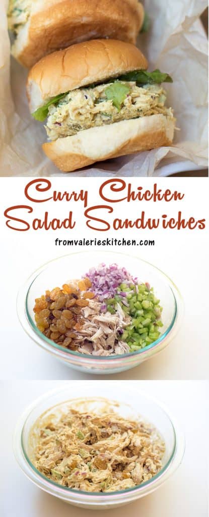 A three image vertical collage of Curry Chicken Salad Sandwiches with text overlay.
