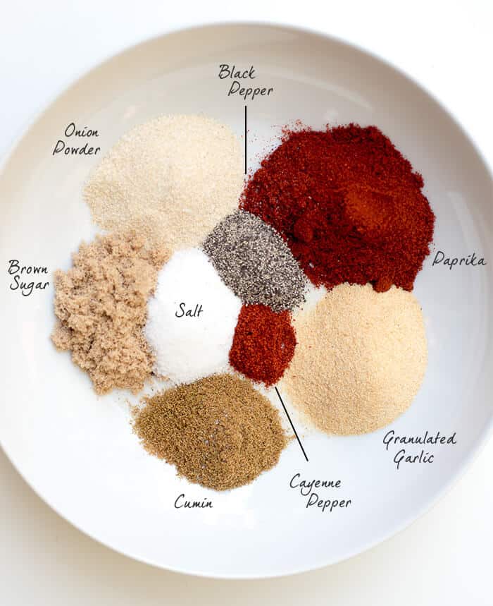 Dry spices in a white bowl with text overlay.