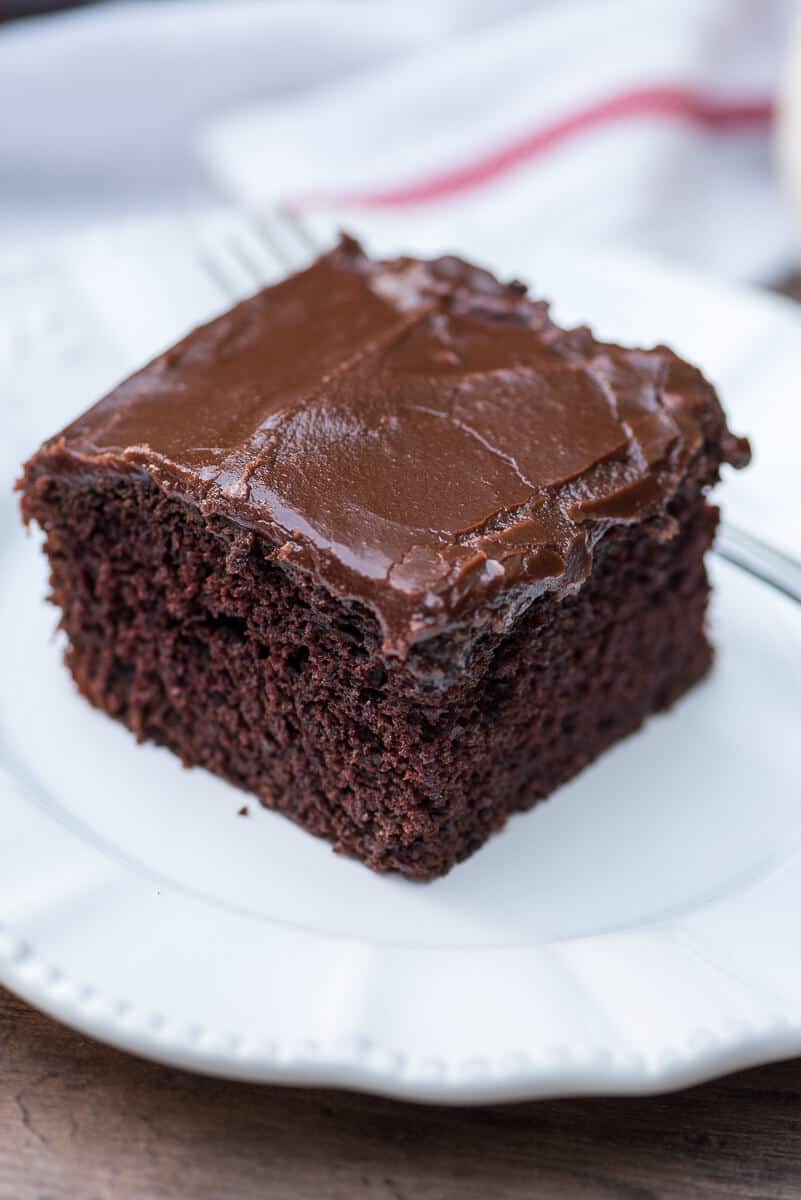 A close up shot of a slice of chocolate cake on a white serving plate.