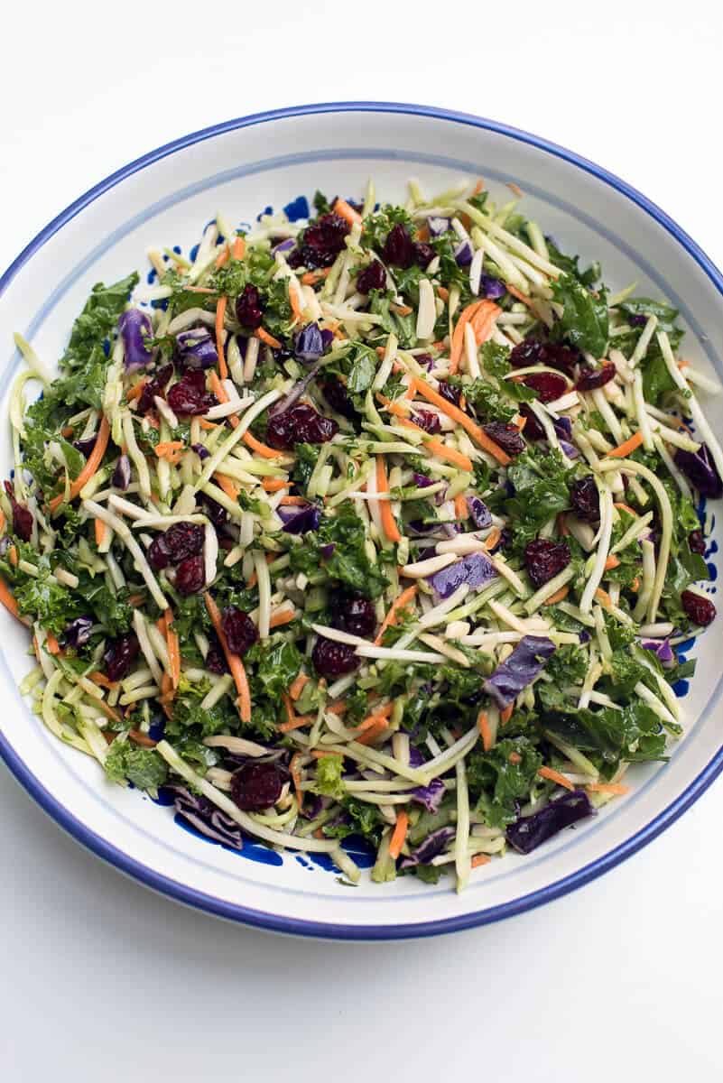 5 Minute Broccoli Kale Slaw in a white serving bowl.