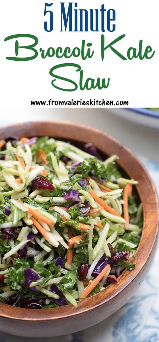 A 2 image vertical collage of 5 Minute Broccoli Kale Slaw with overlay text.