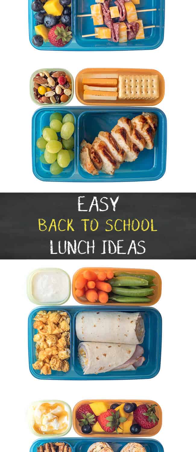Bento style lunches in Rubbermaid plastic containers with text overlay.