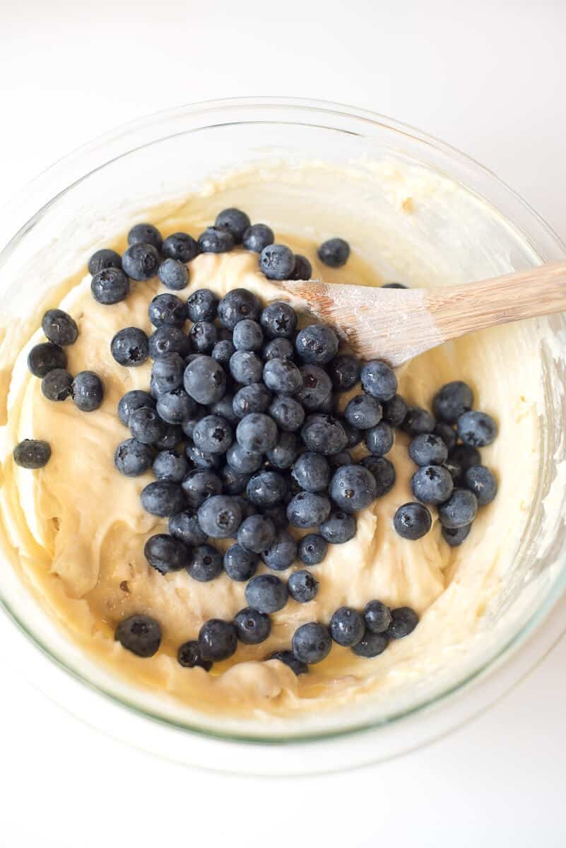 Fresh blueberries are stirred into the muffin batter.