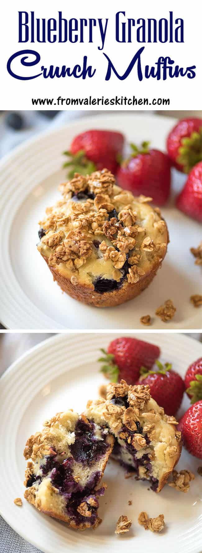 A two image vertical collage of Blueberry Granola Crunch Muffins with text overlay.