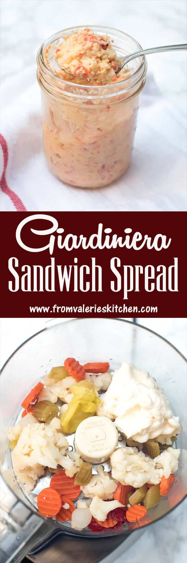 A two image vertical collage of Giardiniera Sandwich Spread with text overlay.