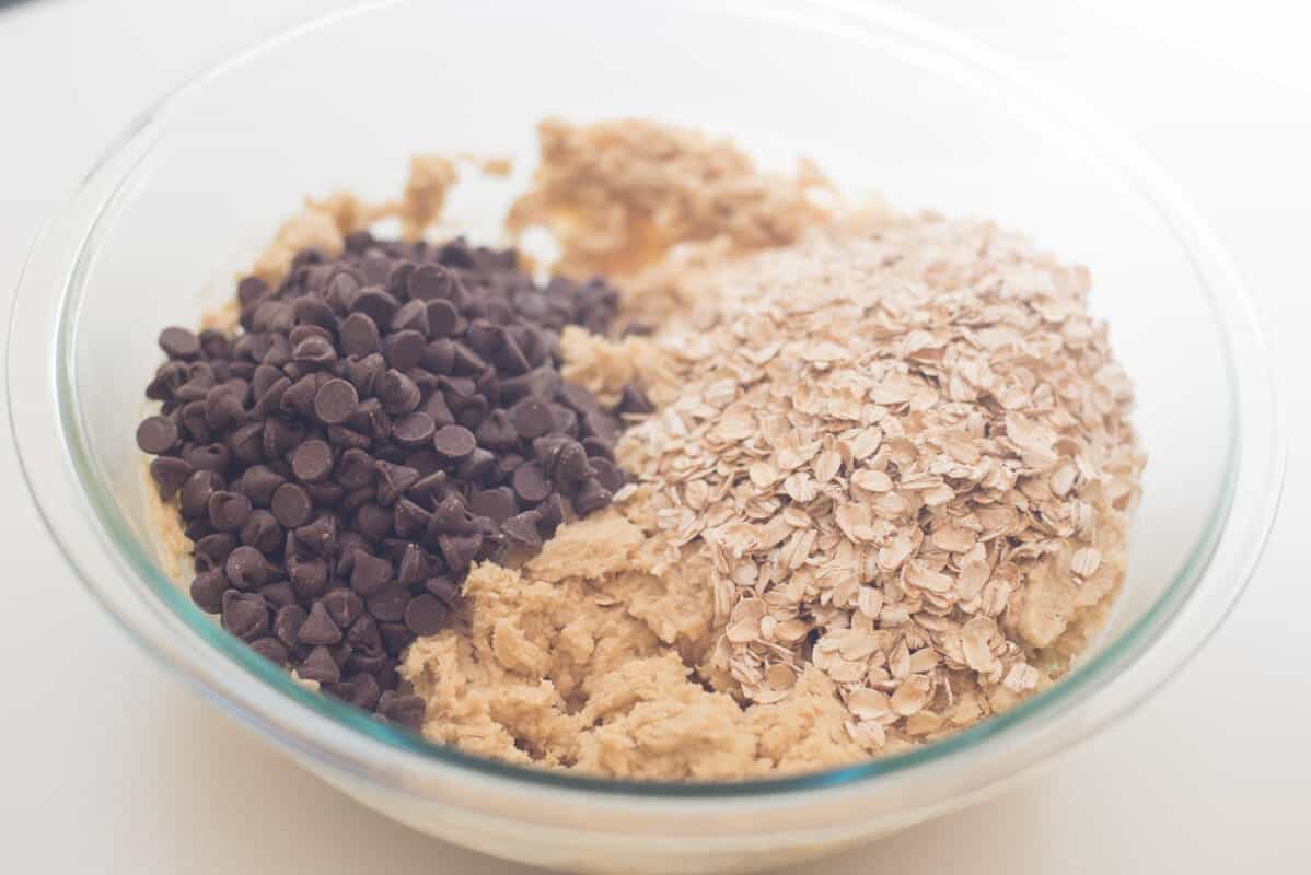 Chocolate chips and oats are added.