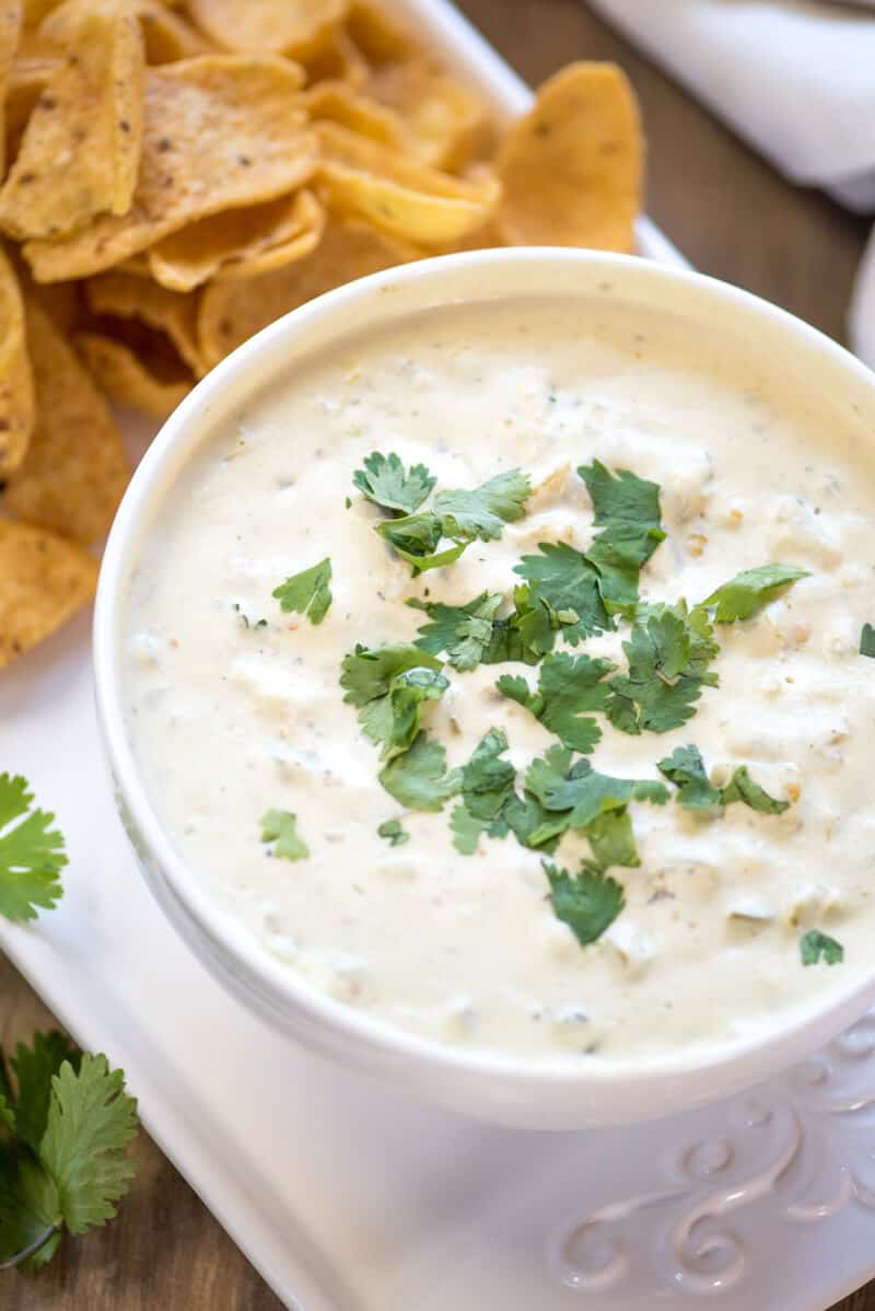 A close up of Easy Queso Verde topped with cilantro in a white bowl.