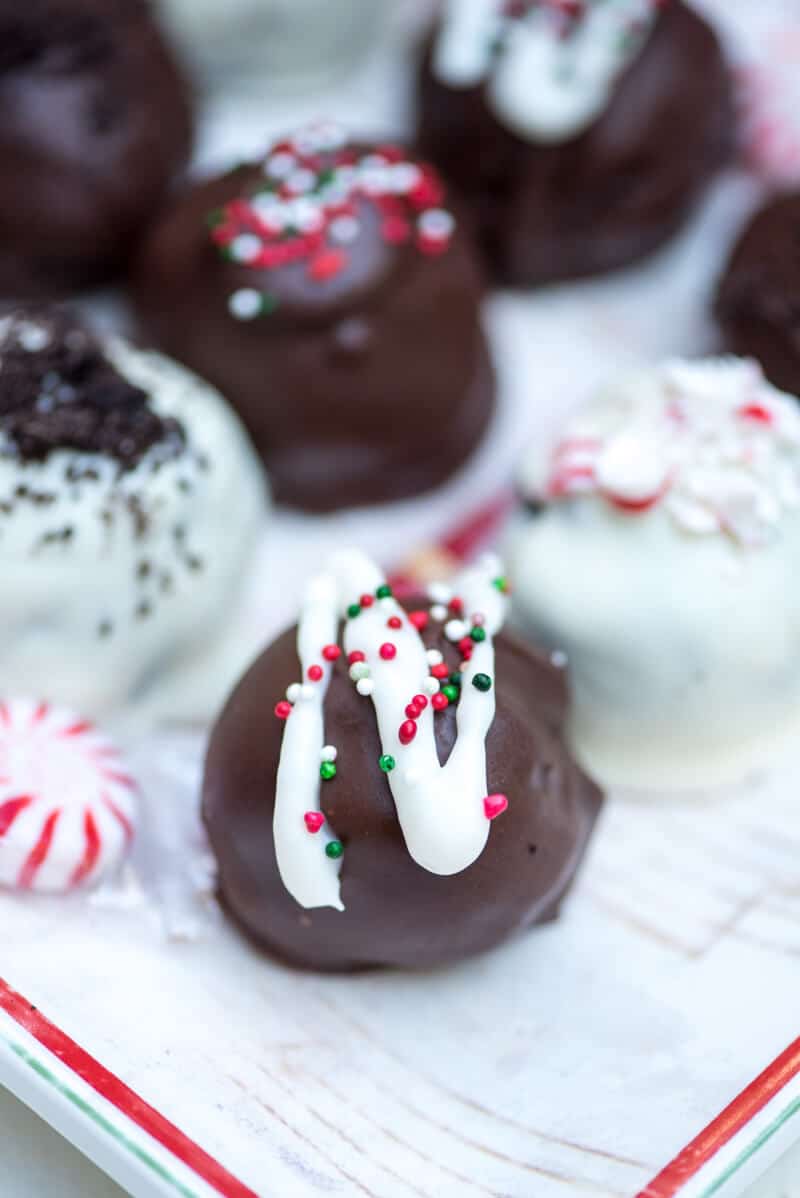 A close up of a Holiday Oreo Cookie Ball.