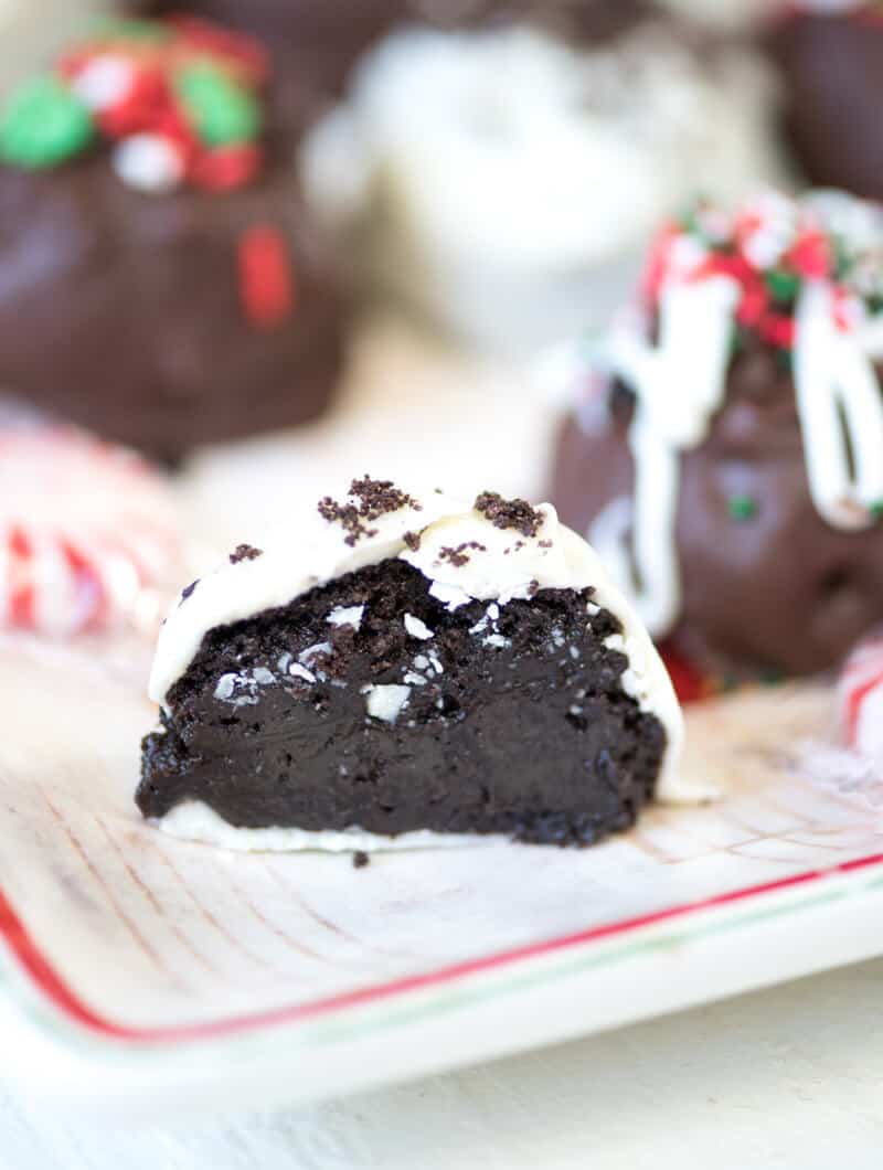 A cookie balls sliced in half so the center is exposed.