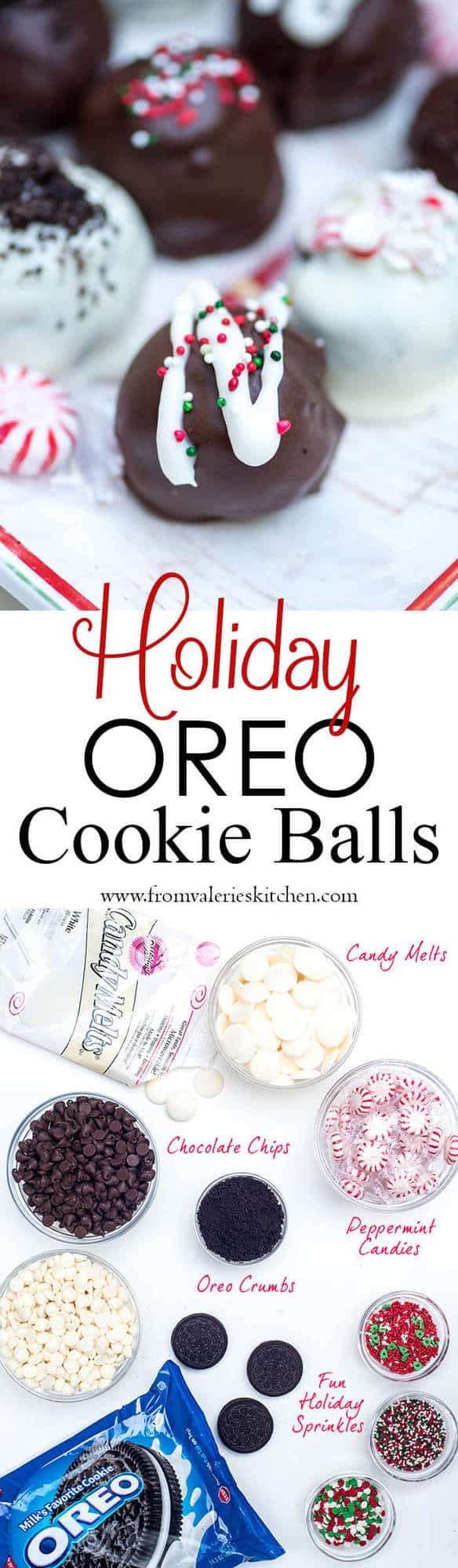 Holiday Oreo Cookie Ball ingredients and the finished balls with text overlay.