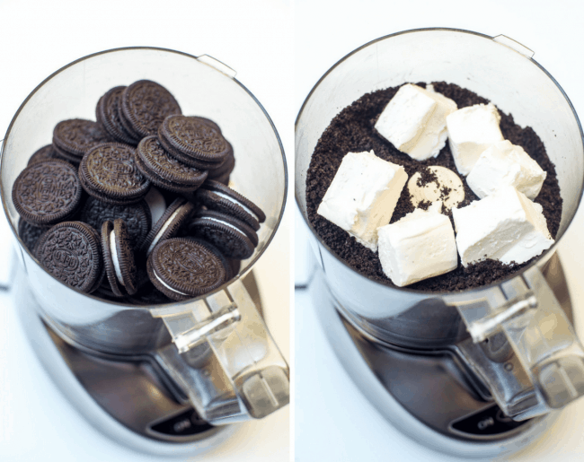 Oreos and cream cheese in a food processor.