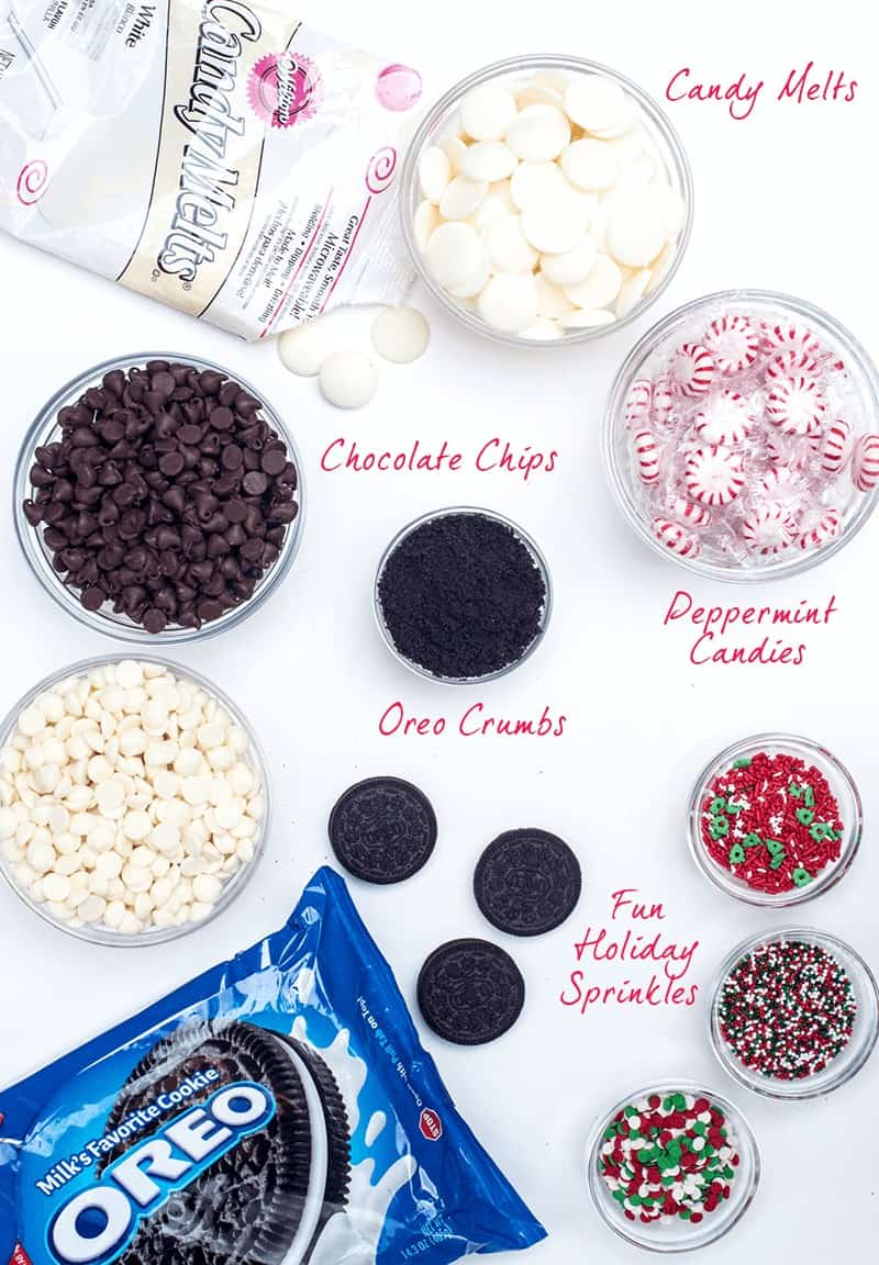 Ingredients to make Holiday Oreo Cookie balls with text overlay.